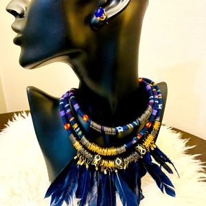 Navy multi colored feather necklace and blue earring studs for pierced ears